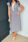 Blue Stripe Ruffle Dress Midi Dress