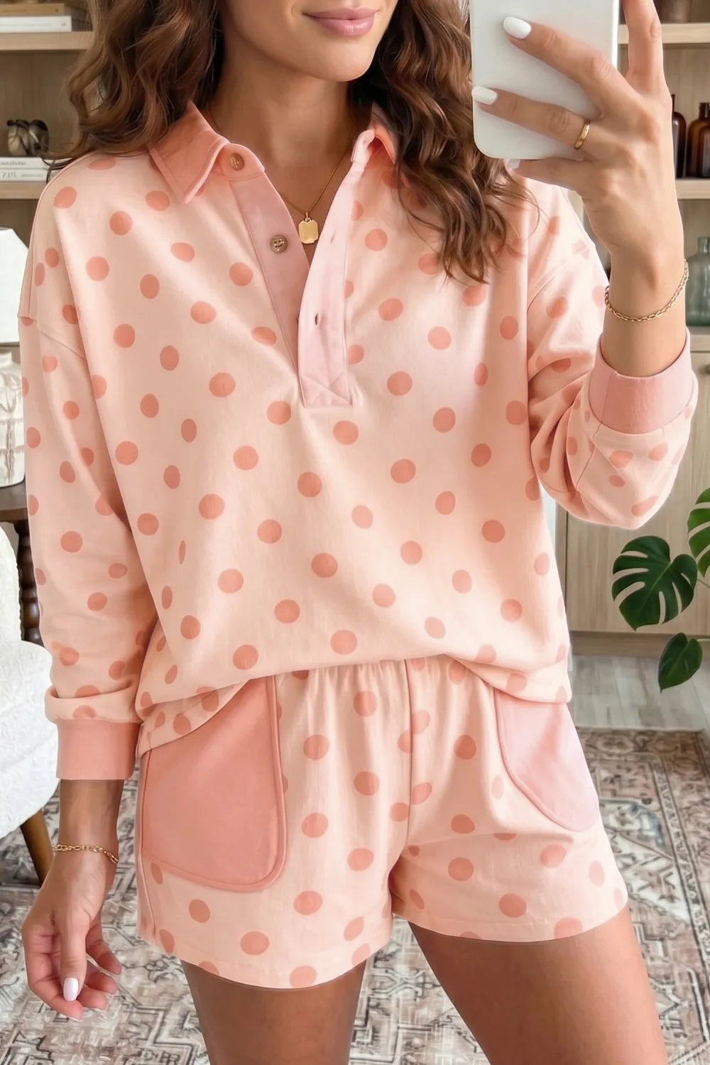 Polka Dot Drop Shoulder Polo Loose Pullover Patch Pocket Casual Shorts Set