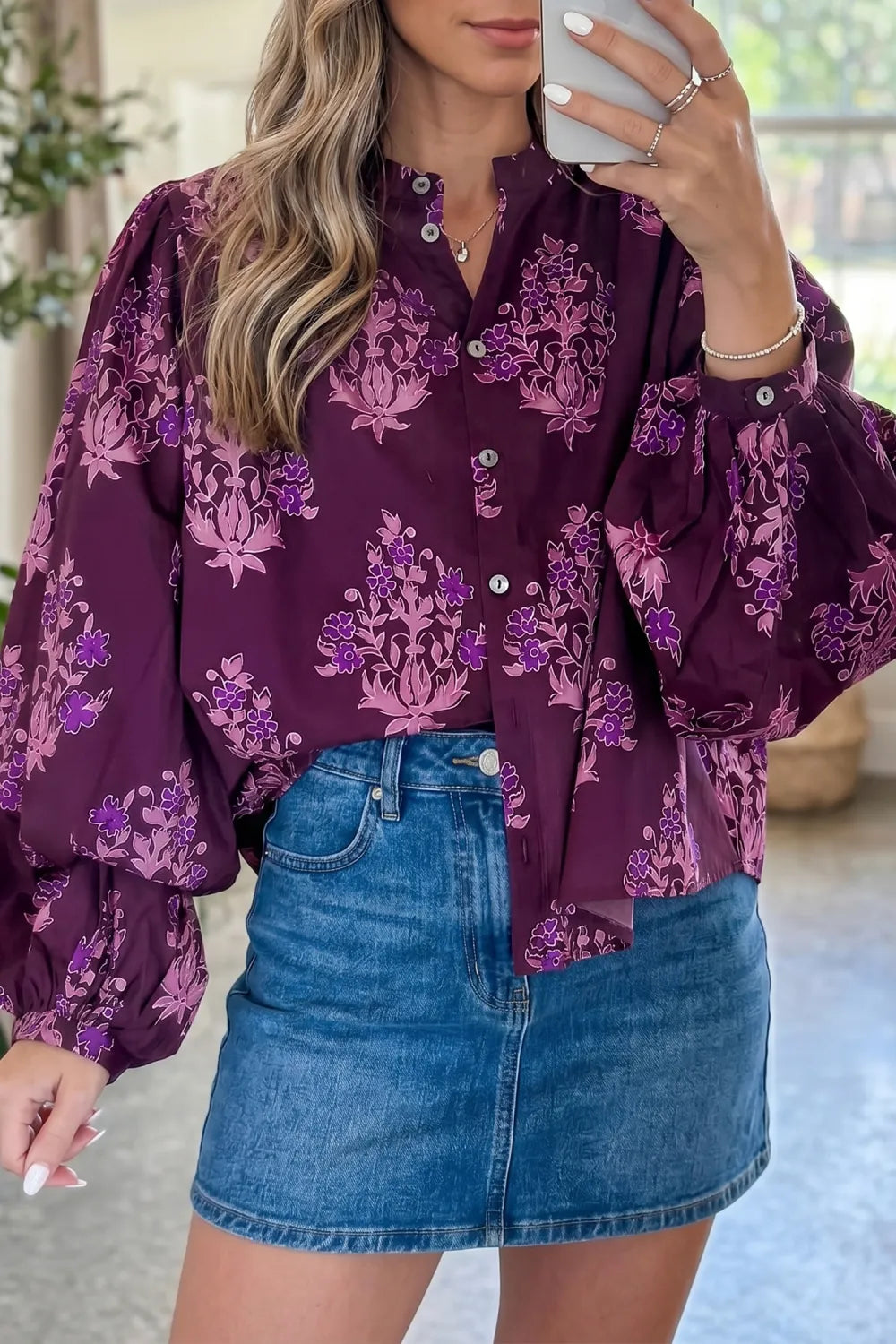 Purple Floral Print Button Puff Sleeve Top