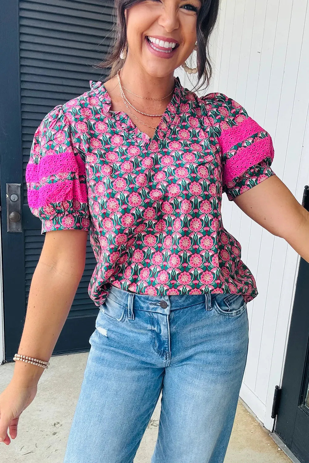 Ruffle V-Neck Abstract Top