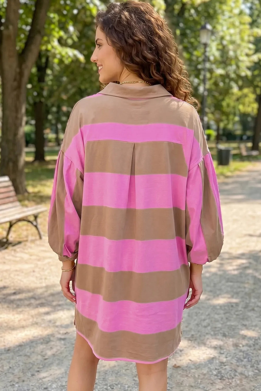 Striped Button Long Sleeve Short Shift Dress