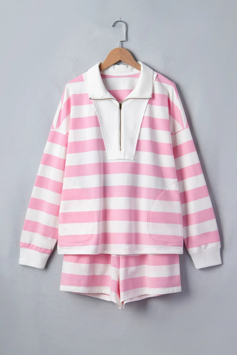 Pink Stripe Patchwork Zipper Pullover Elastic Waist Shorts