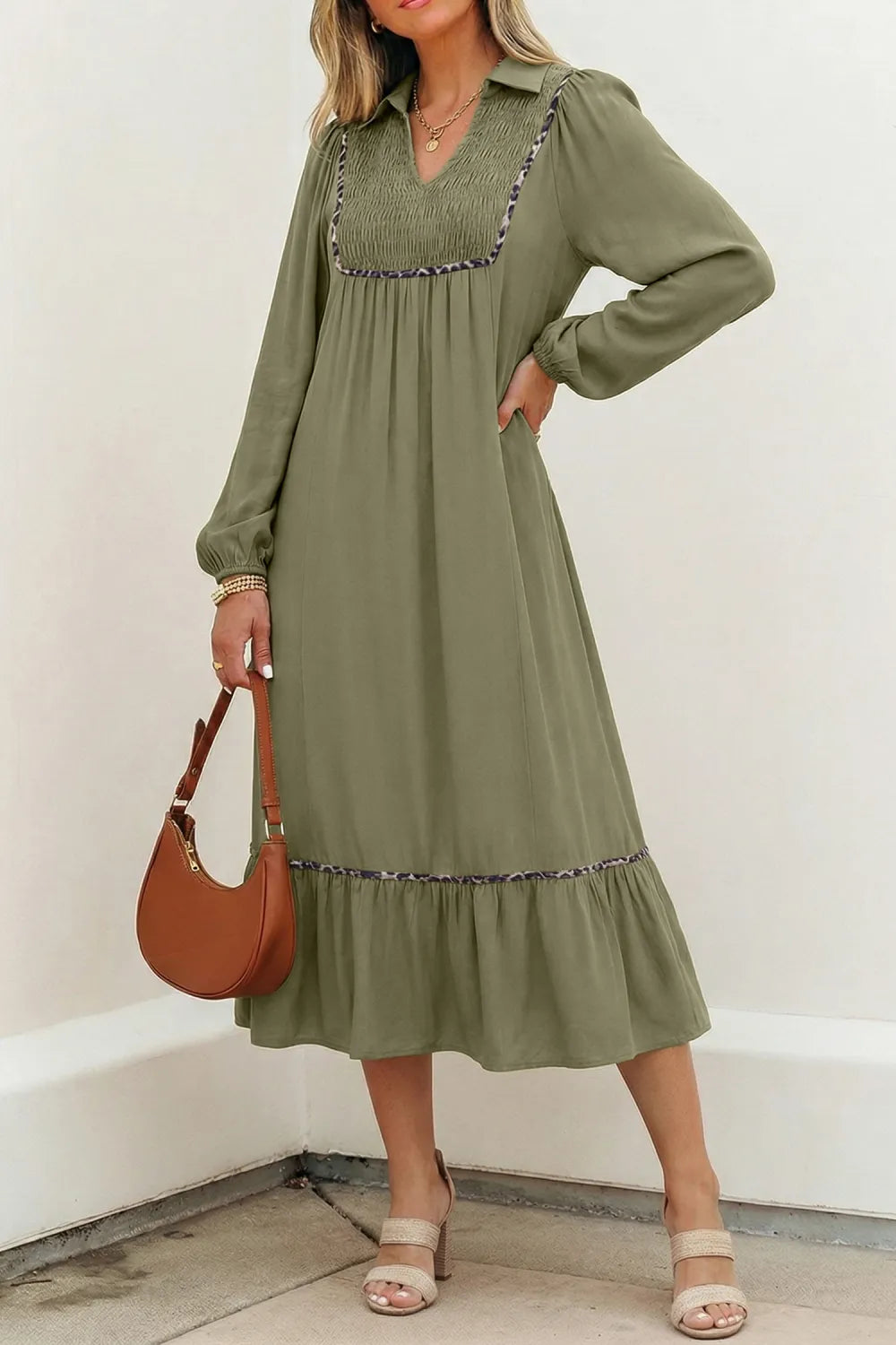 Smocked V-Neck Leopard Piping Maxi Dress