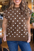 Brown Dolman Short Sleeve Round Neck Polka Dot Sweat