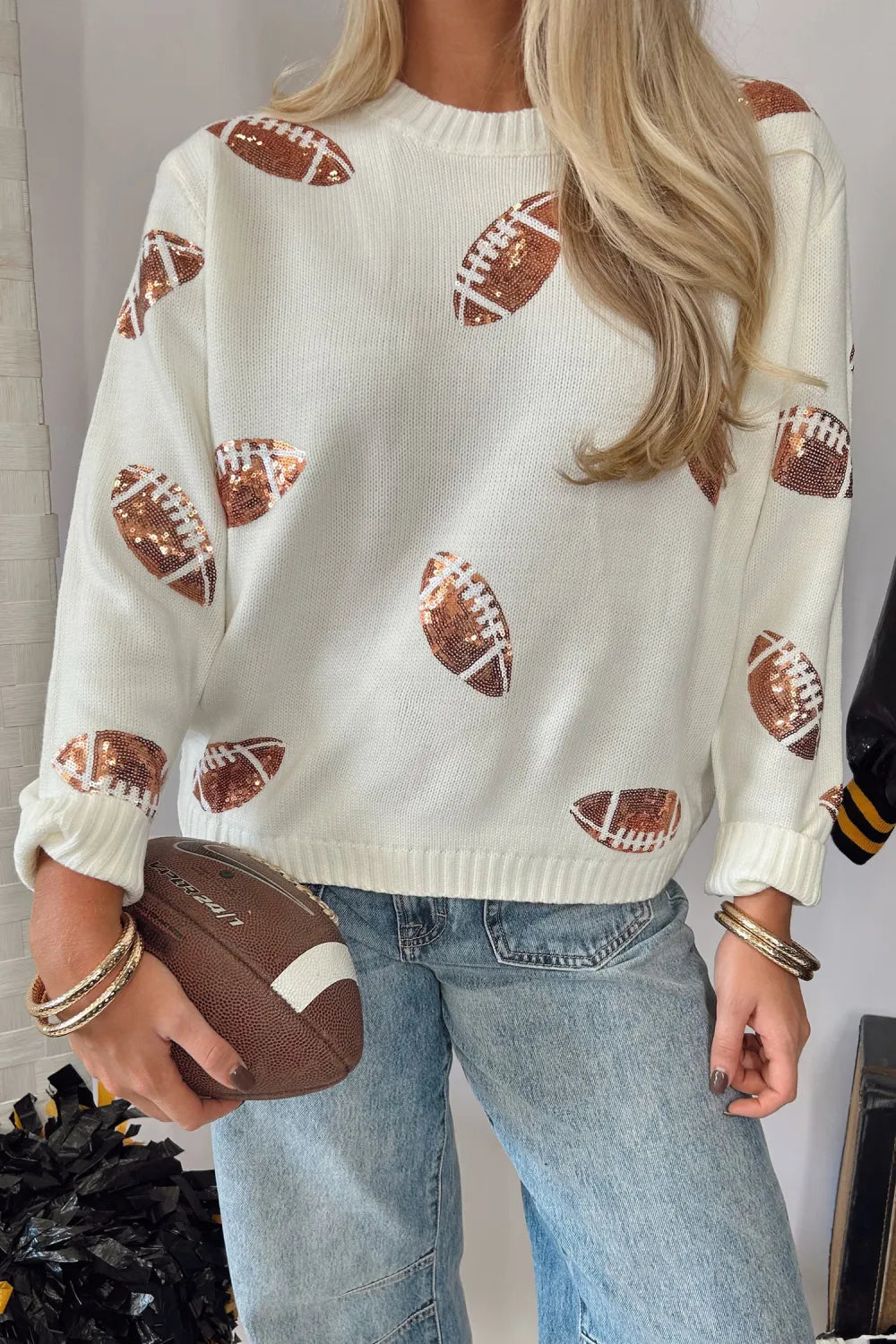 Sequin Football Print Long Sleeve Loose Fit Sweater