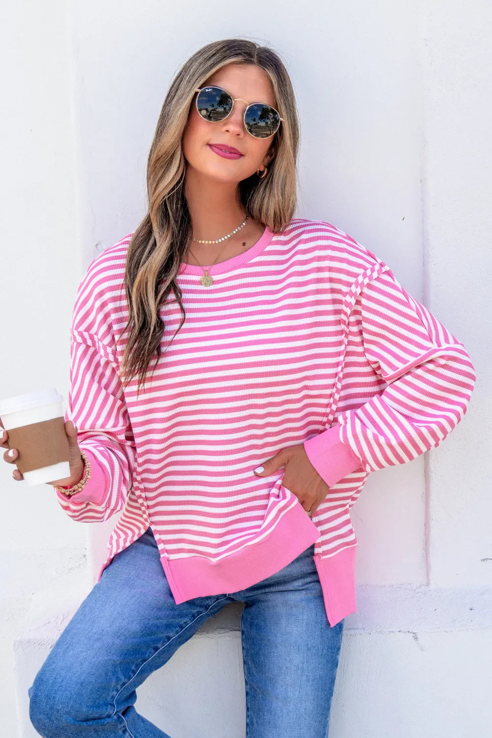 Khaki Stripe Texture Long Sleeve Top