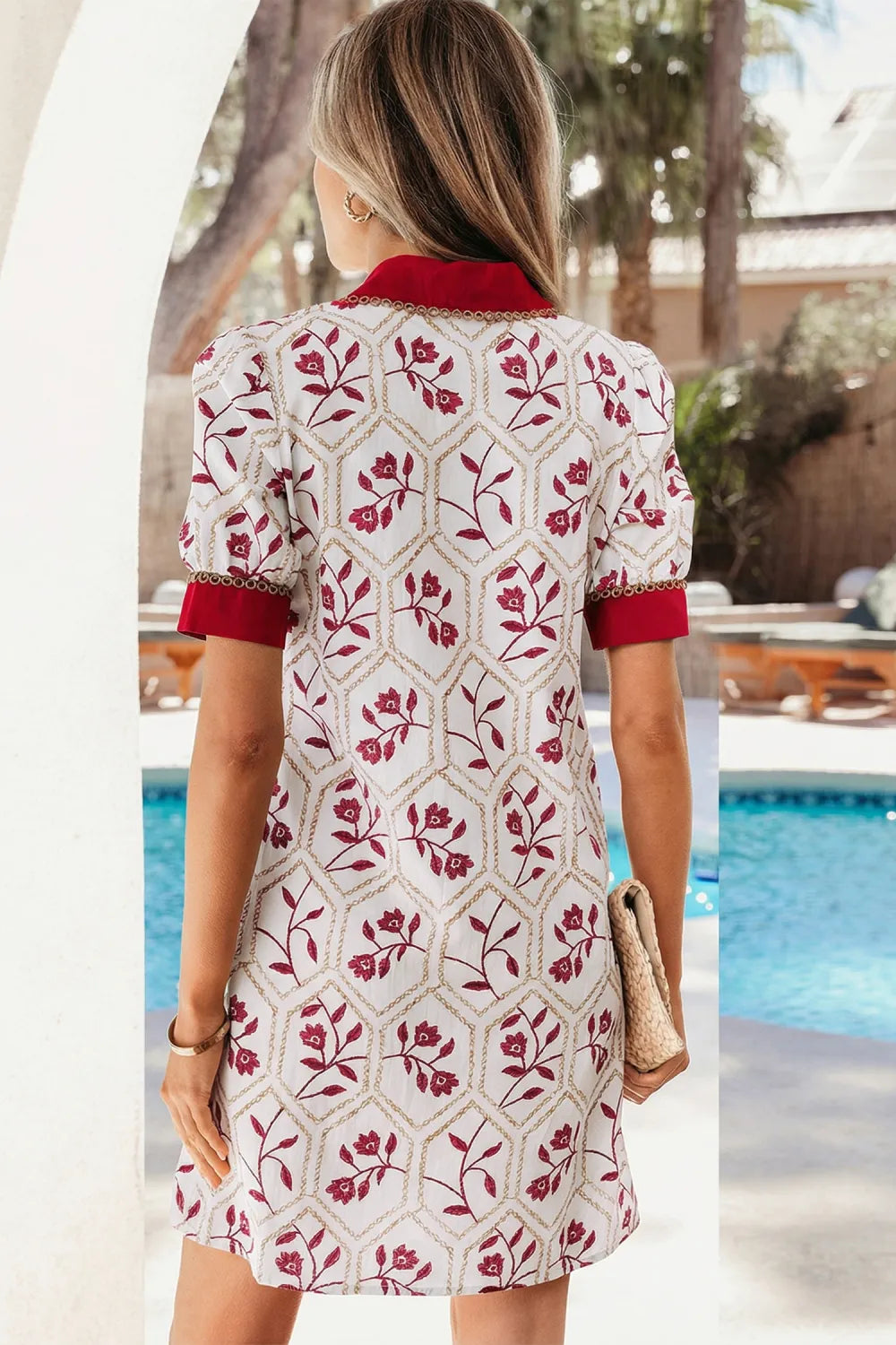 Geometric Floral Print Lace Trim Collared Short Sleeve Mini Dress