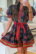 Black Retro Floral Print Puff Sleeve Dress