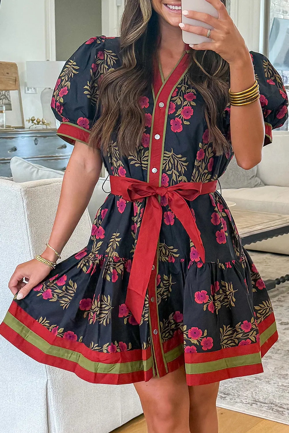 Black Retro Floral Print Puff Sleeve Dress