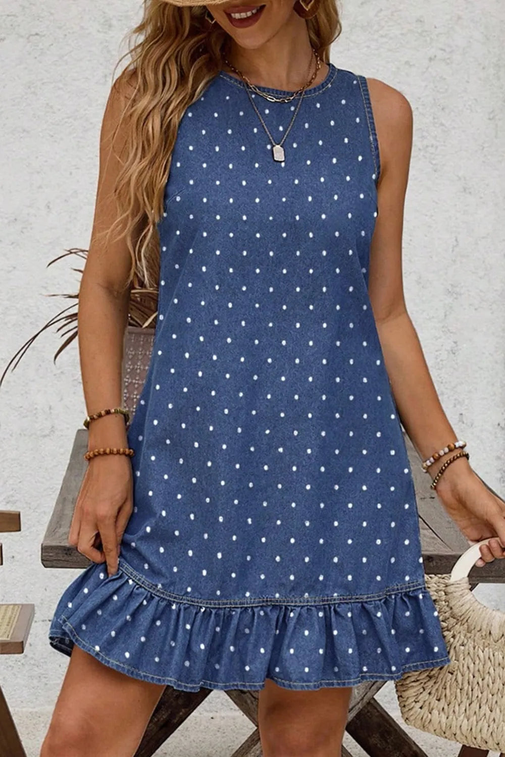 Blue Polka Dot Ruffle Hem Sleeveless Denim Dress