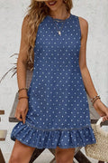 Blue Polka Dot Ruffle Hem Sleeveless Denim Dress