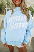 Jesus Saves Slogan Print Stand Neck Baggy Sweatshirt