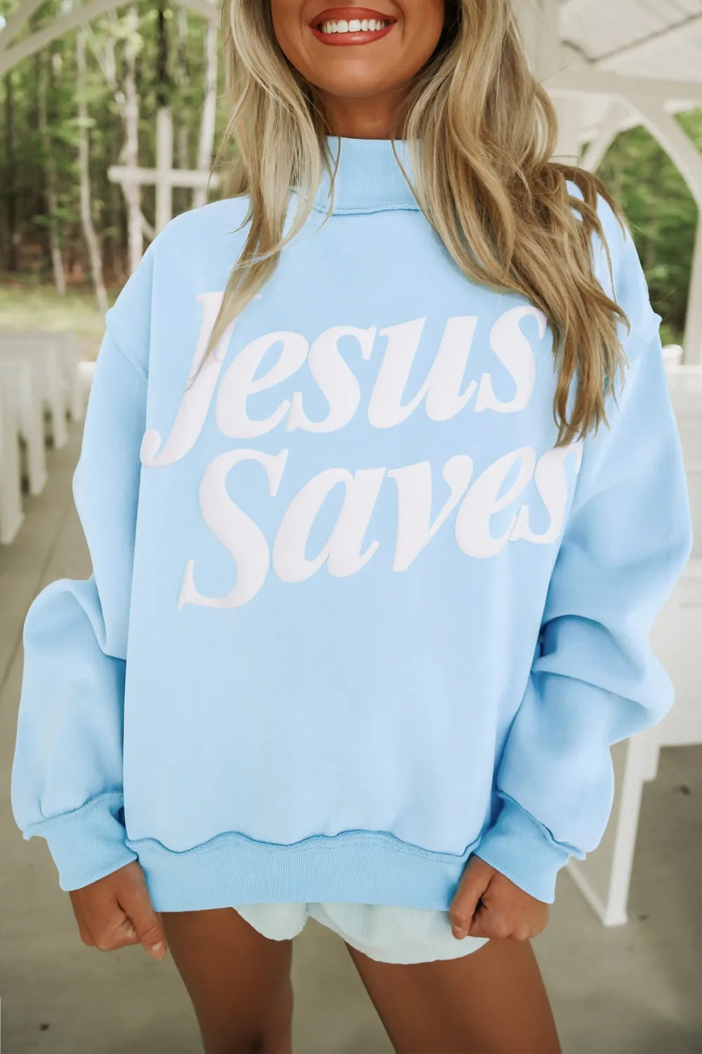 Jesus Saves Slogan Print Stand Neck Baggy Sweatshirt