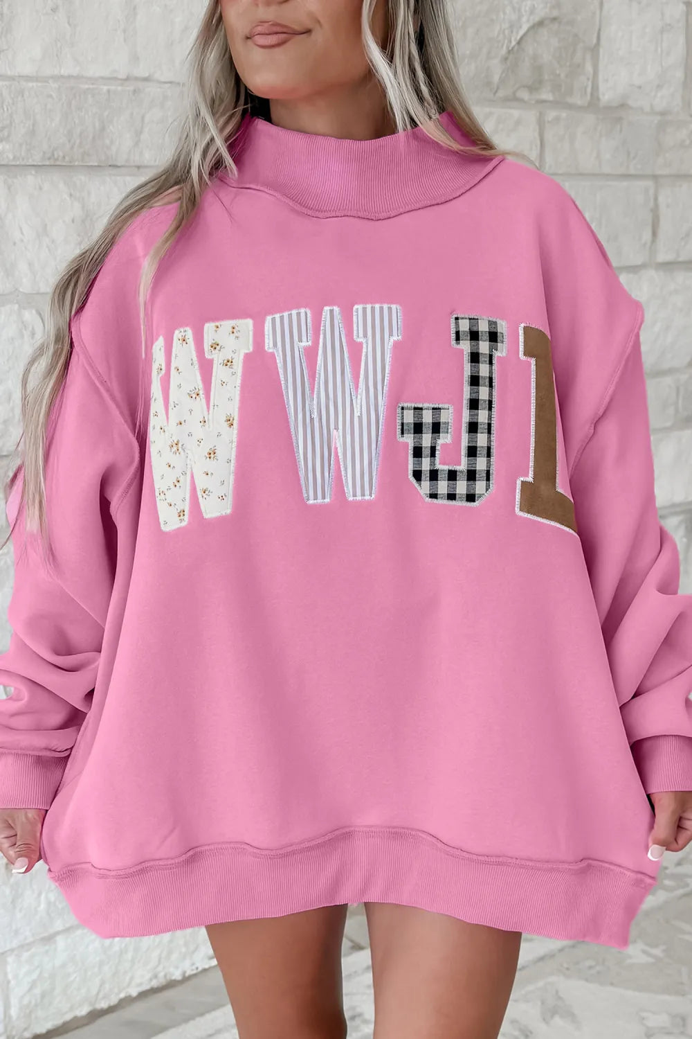 WWJD Mockneck Patchwork Embroidered Sweatshirt