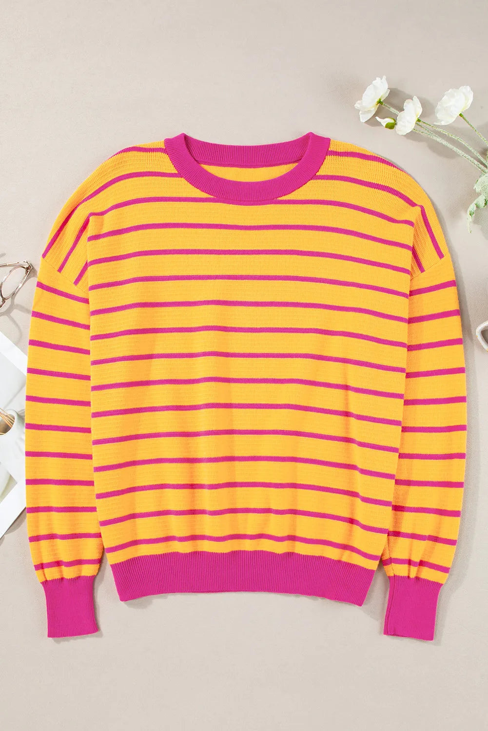 Stripe Trimmed Round Neck Drop Shoulder Loose Sweater