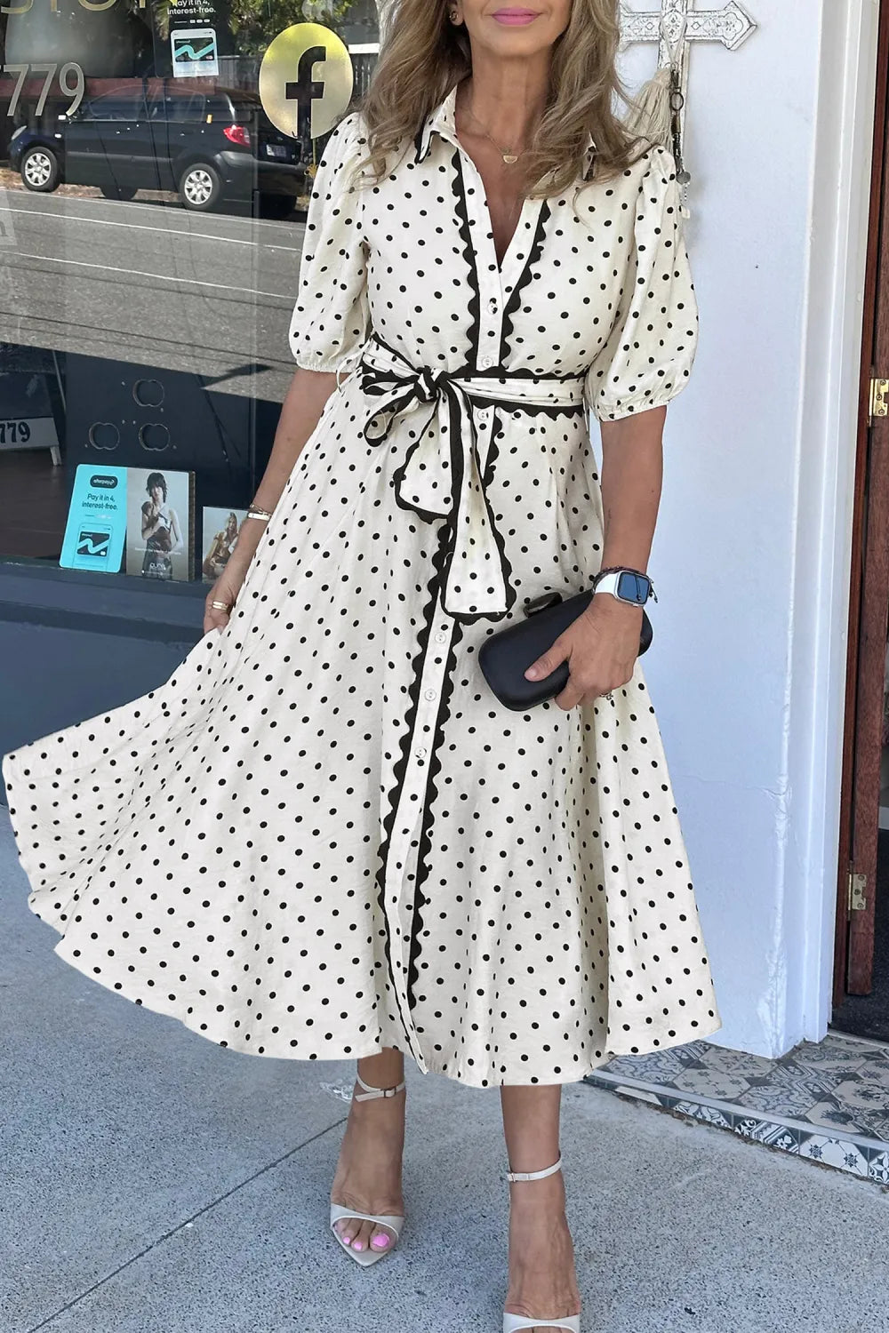 White Polka Dot Printed Contrast Scalloped Trim Shirt Collar Button Down Belted Midi Dres
