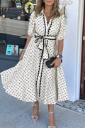 White Polka Dot Printed Contrast Scalloped Trim Shirt Collar Button Down Belted Midi Dres