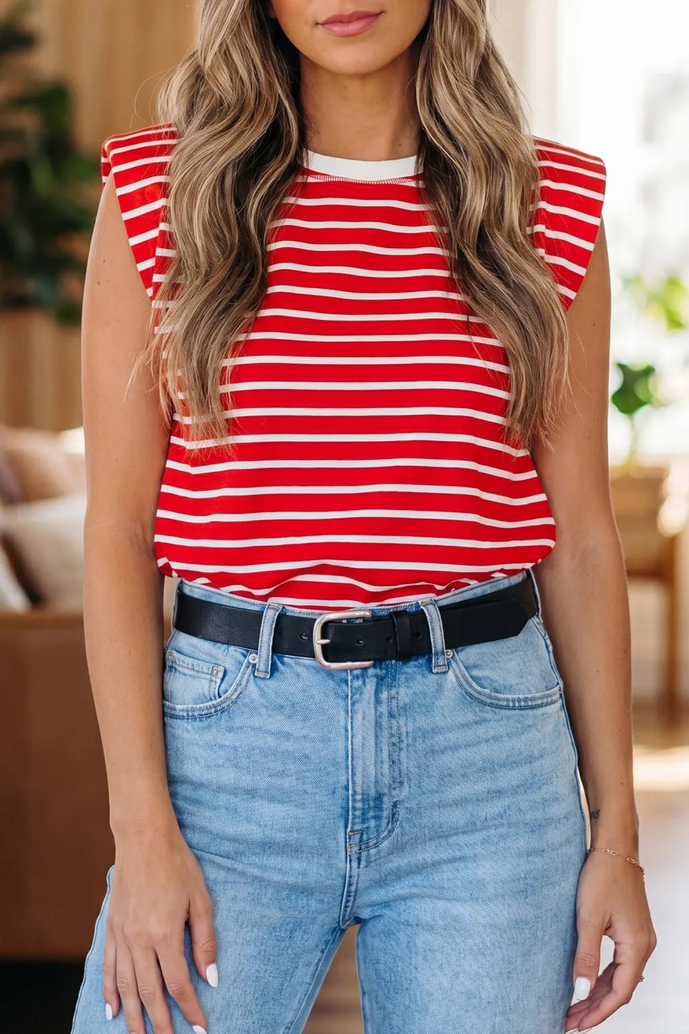Stripe Ribbed Round Neck Trim Loose Tank Top