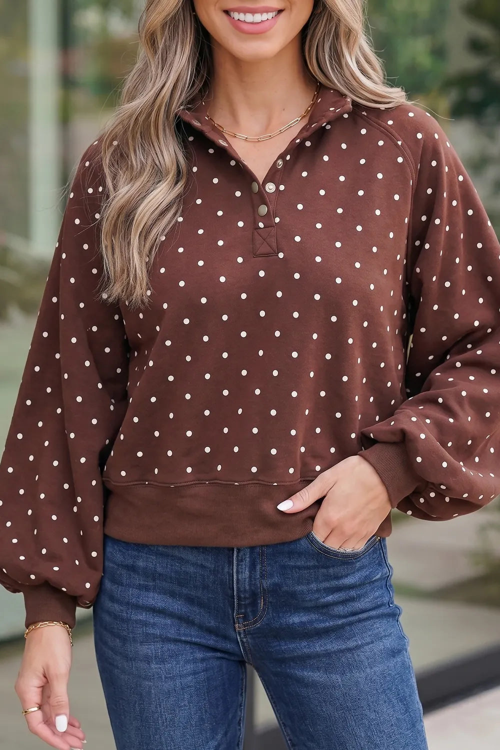 Polka Dot Print Metal Button Collar Casual Pullover Sweatshirt