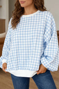 Light Blue Plaid Round Neck Long Sleeve Sweatshirt