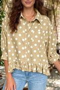 Khaki Polka Dot Print Three Quarter Sleeve Ruffle Hem Shirt