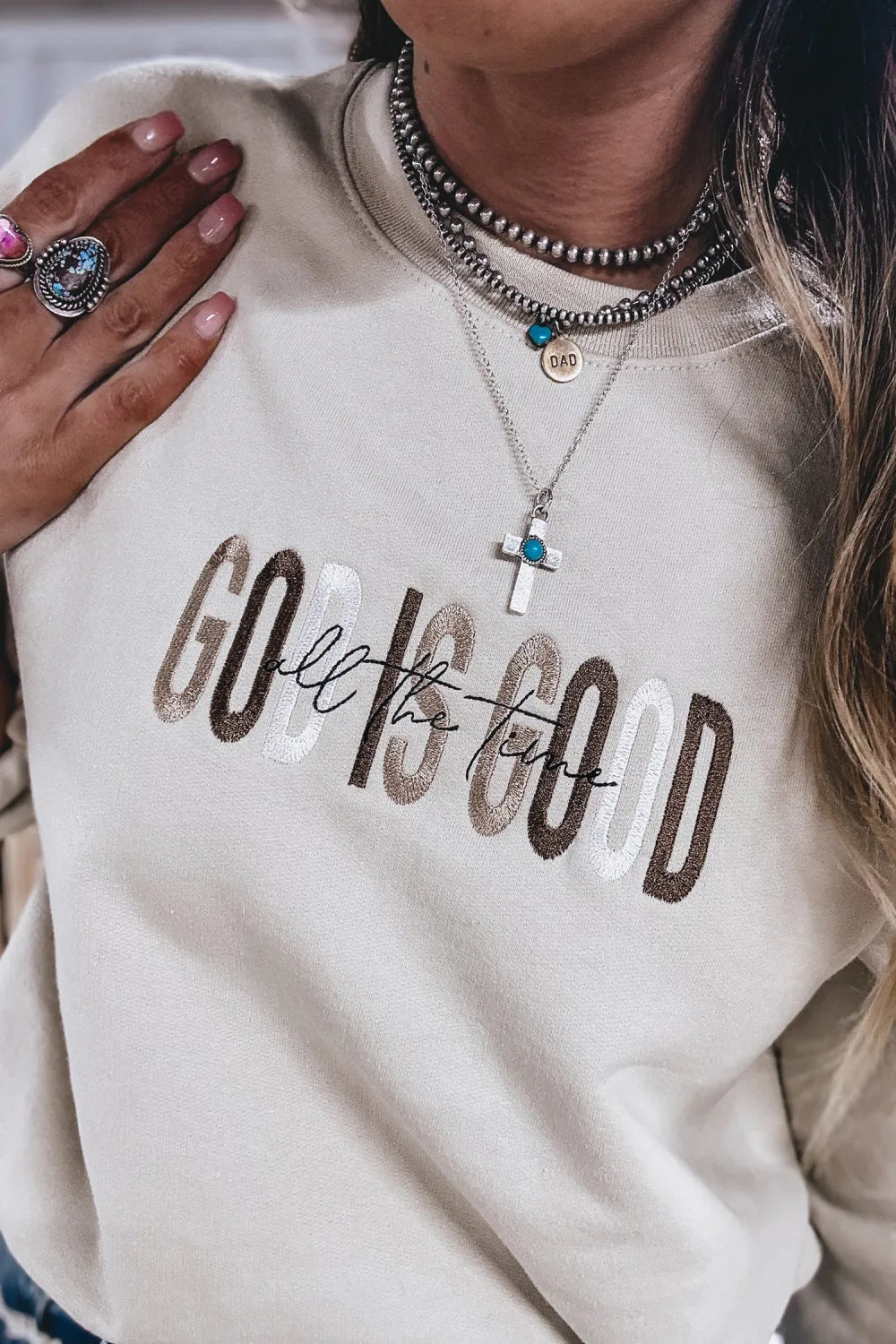 Jet Stream GOD IS GOOD Western Embroidered Letter Crewneck Pullover Sweatshirt
